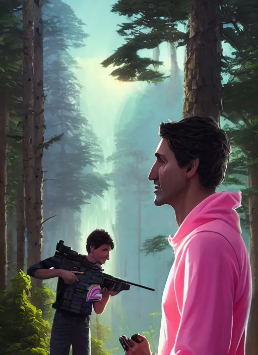 Prompt: highly detailed portrait justin trudeau in ( ( pink hoody rainbow socks ) ) holding ar - 1 5! ( setting costa rica ) in gta v stephen bliss unreal engine fantasy art by greg rutkowski loish rhads ferdinand knab makoto shinkai lois van baarle ilya kuvshinov rossdraws tom bagshaw global illumination radiant light detailed intricate environment