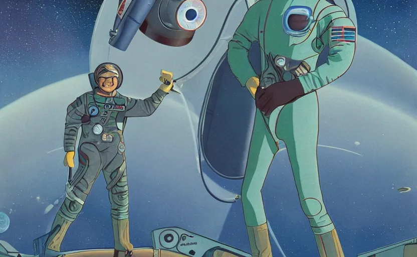 Image similar to a portrait of Alain Delon pilot in spacesuit posing on field forrest spaceship station landing laying lake artillery outer worlds shadows in FANTASTIC PLANET La planète sauvage animation by René Laloux