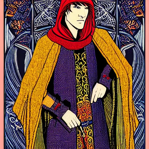 Image similar to portrait of man wearing an embroidered cloak and holding scales, tower, archway, tarot card style, intricate, elegant, full color, trending on artstation