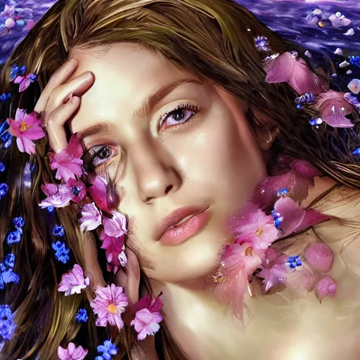 Image similar to epic portrait of a girls face laying in water, surrounded by loose petals, beautiful, high detail, concept art, realistic