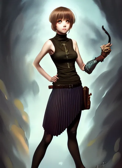 Image similar to portrait of a full body of beautiful young female detective, d & d, sleeveless turtleneck, pleated skirt, fantasy, flat lighting, intricate, highly detailed, digital painting, artstation, concept art, smooth, sharp focus, illustration, misa amane, art by simon bisley and greg rutkowski and alphonse mucha, natural tpose