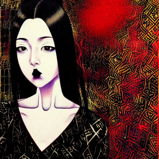 Image similar to yoshitaka amano blurred and dreamy realistic three quarter angle portrait of a young woman with black lipstick and black eyes wearing dress suit with tie, junji ito abstract patterns in the background, satoshi kon anime, noisy film grain effect, highly detailed, renaissance oil painting, weird portrait angle, blurred lost edges