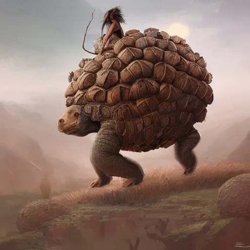 Image similar to yanomami riding a glyptodon, greg rutkowski, fantasy, intricate, elegant, highly detailed, digital painting, artstation, concept art, long shot, cinematic lighting