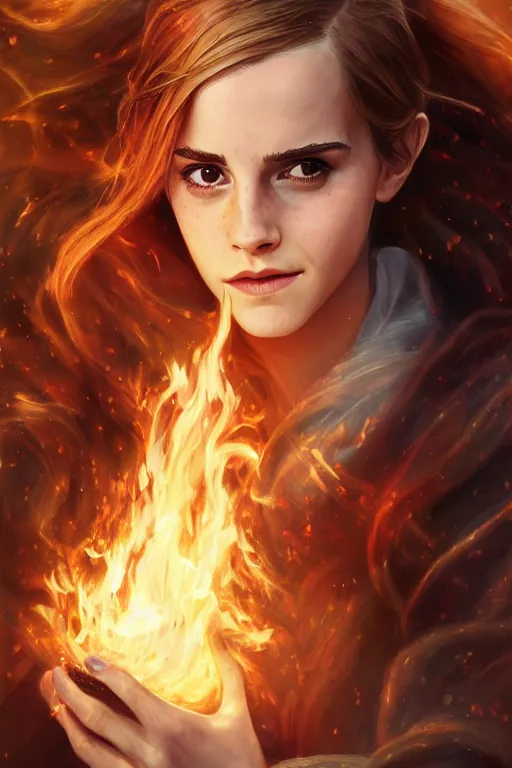 Image similar to a photo of Emma Watson using her superpower of fire, fantasy, intricate, young and cute girl, beautiful, highly detailed, digital painting, artstation, concept art, smooth, sharp focus, illustration