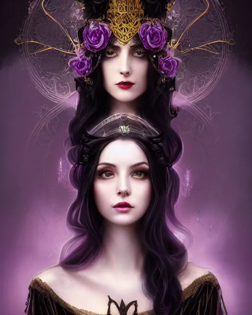 Image similar to a beautiful image of a young woman, Liliana vess the last hope, long flowing black hair, ornate headdress, Victorian purple and black costume, young female face, cinematic top lighting, insanely detailed and intricate, face by wlop, Charlie Bowater, golden ratio, symmetric, elegant, ornate, luxury, elite, matte painting, cinematic, trending on artstation, deviantart and cgsociety, 8k, high resolution