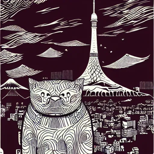 Image similar to mcbess illustration of a giant cat monster attacking tokyo tower