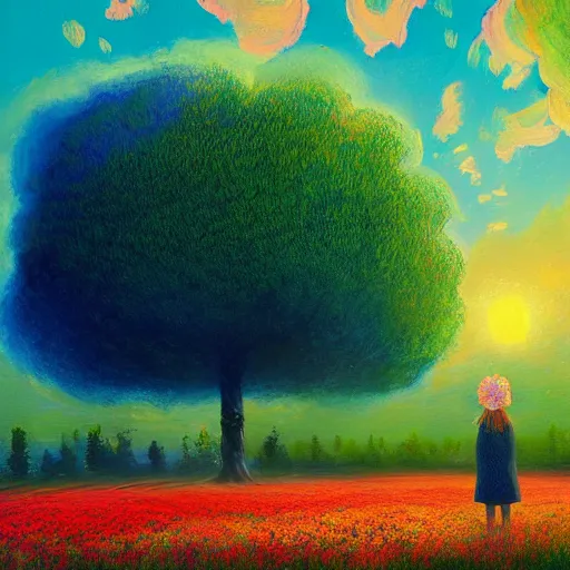 Prompt: gigantic flower head, girl standing in flower field, surreal photography, big trees, sunrise dramatic light, impressionist painting, colorful clouds, digital painting, pointillism, artstation, simon stalenhag