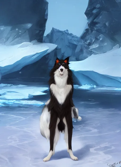 Image similar to beautiful wide angle full body portrait of a cute male anthropomorphic anthro border collie fursona wearing a swimsuit in antarctica, character design by charlie bowater, henry asencio, and ross tran, scenic background, detailed, glamor pose, aesthetic, furry, trending on artstation, furaffinity, deviantart