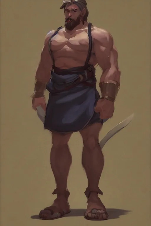 Prompt: rpg character art of a muscular man in a skirt, highly detailed, half - body composition, by jeremy lipking, by studio ghibli, by disney, video game fanart, gorgeous face