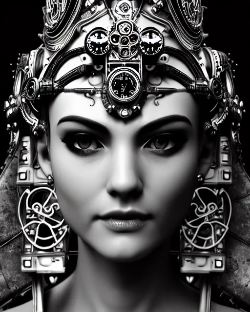 Prompt: black and white side portrait ultra detailed, beautiful female android with steampunk mechanical detailed ornate face, crown, deity, sharp focus, highly detailed global illumination, concept art. 8 k