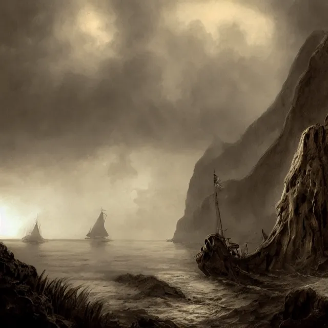 Image similar to photorealistic sepia painting of a pirate ship sailing in front of a tropical island cliff with the mouth of a grotto at the waterline, dark, brooding, atmospheric, lovecraft, by dave dorman