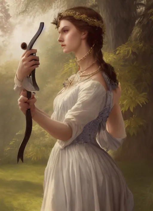 Image similar to upper body portrait of a beautiful maiden in an expensive victorian dress holding a sword and taking a selfie in a royal garden, award winning, masterpiece digital painting by greg rutkowski, alex grey, artstation, 4 k wallpaper,