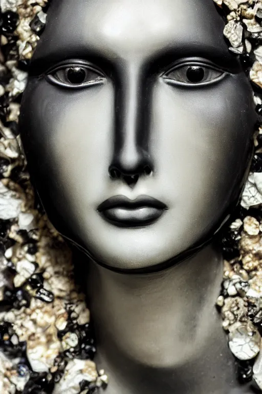 Prompt: hyperrealism close - up fractured dark obsidian statue of a beautiful medieval woman's fractured face blended with dark obsidian and crystallic flowers in style of classicism, pale skin, ivory make up, wearing black silk robe, dark and dull palette