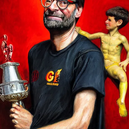 Prompt: jurgen klopp holding up a hot dog eating trophy, portrait by john william waterhouse and edwin longsden long and theodore ralli and nasreddine dinet, oil on canvas. cinematic, vivid colors, hyper realism, realistic proportions, dramatic lighting, high detail 4 k