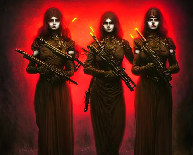 Prompt: three soldiers with beautiful faces, wearing psychedelic wicca, in uniform dresses, red neon weapons, full body, dark and mysterious, atmospheric, ominous, eerie, cinematic light, epic, 8 k 3 d, ultra detail, ultra realistic, by wlop, by mucha, by giger