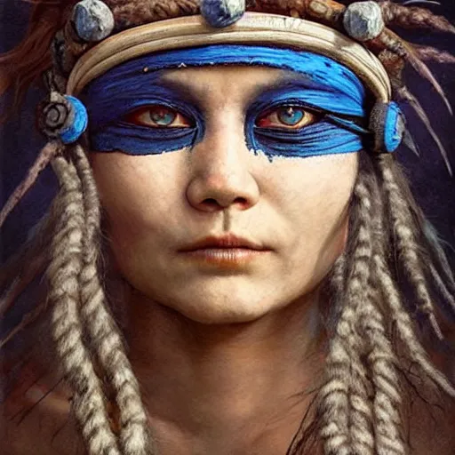 A young blindfolded shaman woman with a decorated, Stable Diffusion