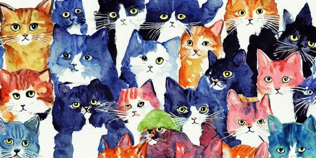 Image similar to watercolor illustration style, cute! cats!!! choose different costumes, business, inspiring art