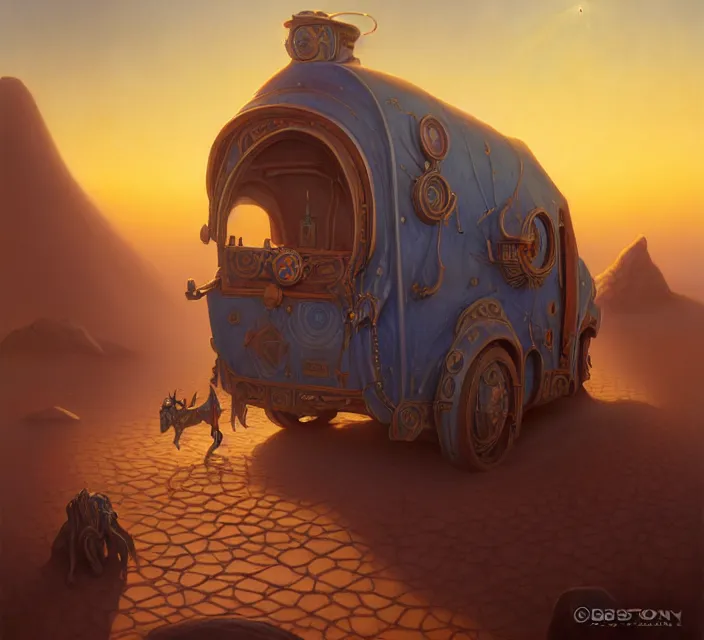 Image similar to subsurface scattering, a desert caravan rests at the blue oasis, the art of athas and dark sun, brom's dark sun art on a 7 0's style fantasy novel cover, digital painting by brom, amazingly detailed d & d art, concept art, intricate details, beautiful, volumetric lighting, ultrarealistic, cgsociety, square enix cinematic art