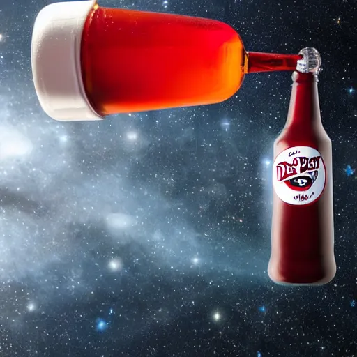 Prompt: Dr. Pepper bottle floating in space