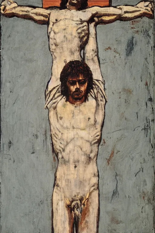 Image similar to jesus christ crucified painted by cy twombly and andy warhol