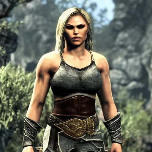 Image similar to character screenshot of ronda rousey dc in skyrim, female armor, npc talking, wilderness, 1 0 8 0 p, bokeh, elder scrolls v, detailed, dialog text