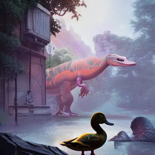 Prompt: a duck in front of a hungry dinosaur intricate artwork by Tooth Wu and wlop and beeple and Dan Mumford. Octane render, trending on artstation, greg rutkowski very coherent symmetrical artwork. Cinematic, hyper realism, high detail 8k