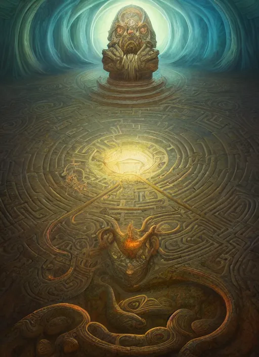 Image similar to a long forgotten deity with a labyrinth in its head, in the style of tomasz alen kopera and fenghua zhong and peter mohrbacher, mystical colors, rim light, beautiful lighting, 8 k, stunning scene, raytracing, octane, trending on artstation