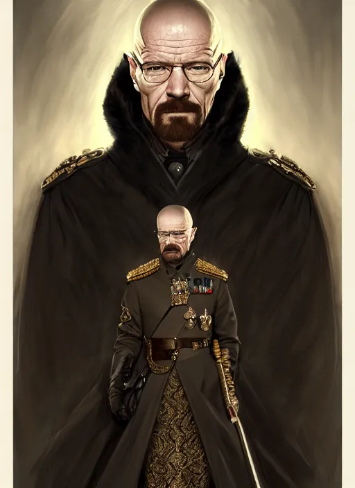 Image similar to portrait of supreme leader walter white, royalty, extravagant, lord, full body, military uniform, fantasy, intricate, elegant, beautiful, highly detailed, charcoal, centered, dark, smokey, digital painting, artstation, concept art, art by artgerm and greg rutkowski and alphonse mucha