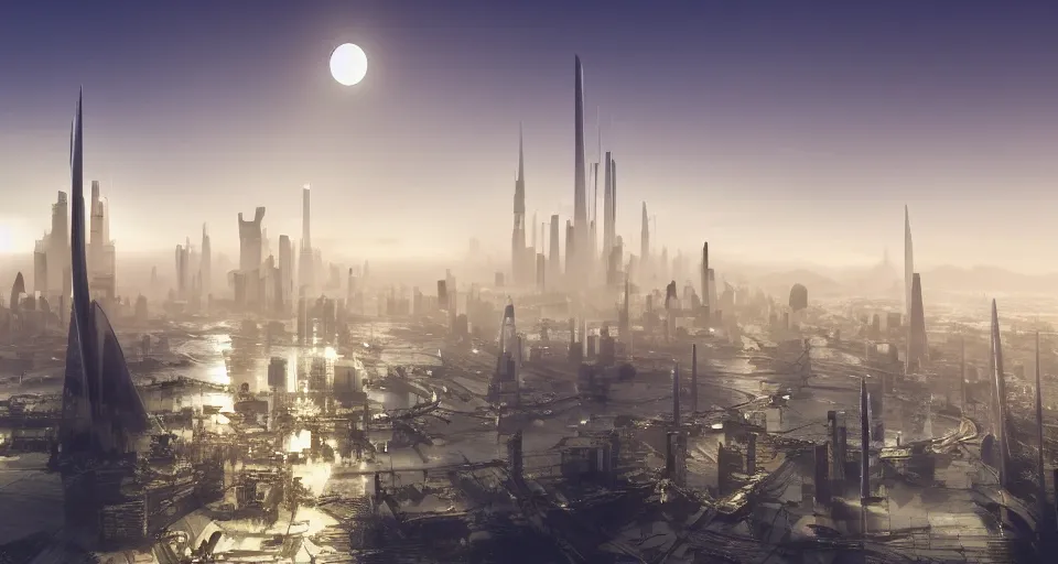 Prompt: view on futuristic city in the horizon, in style of solarpunk, detailed, sharp, 8 k