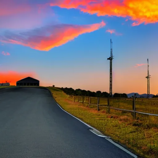 Prompt: a road next to warehouses, and a hill background with a radio tower on top, sunset, hot day