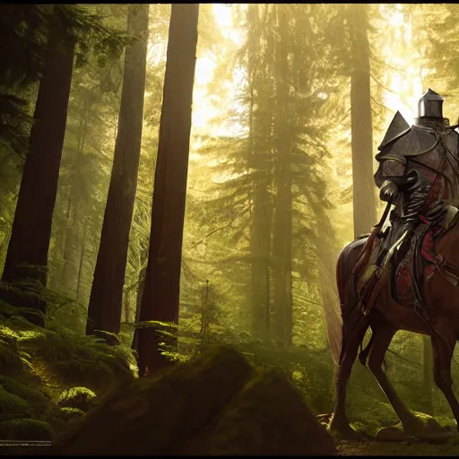 Prompt: mounted knight in a redwood forest, sunlit, octane render, matte, greg rutkowski, highly detailed, hdr