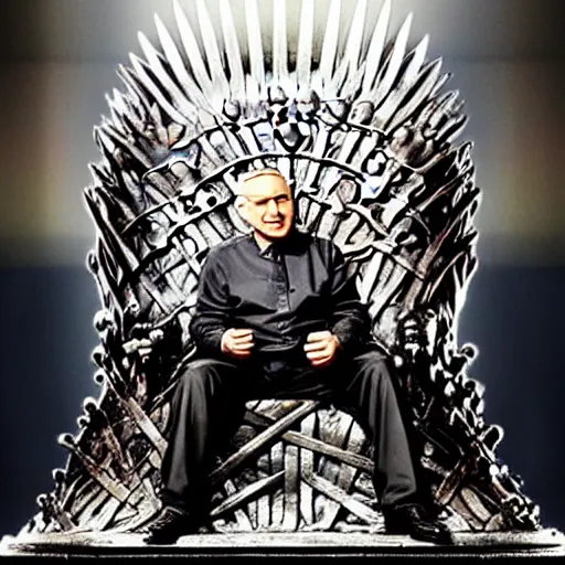 Image similar to “Benjamin Netanyahu sitting on the iron throne, 4k, award winning, realistic, scene from game of thrones”