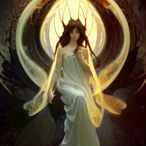 Image similar to A portrait of A beautiful!!!! angel in black flames by Ross Tran!! and alphonse mucha and greg rutkowski! and gustav doré!! and ruan jia!,In style of digital art illustration.Symmetry.Highly detailed face.Fantasy,smooth,hyper detailed,sharp focus,Soft light.trending on artstation.4k