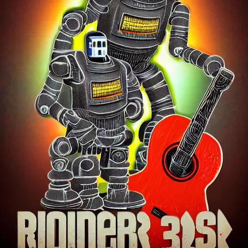 Prompt: tshirt print of a 3 dieselpunk robots playing guitar, text robos rock, 8 k, flourescent colors, halluzinogenic, multicolored, exaggerated detailed, front shot, 3 d render, octane