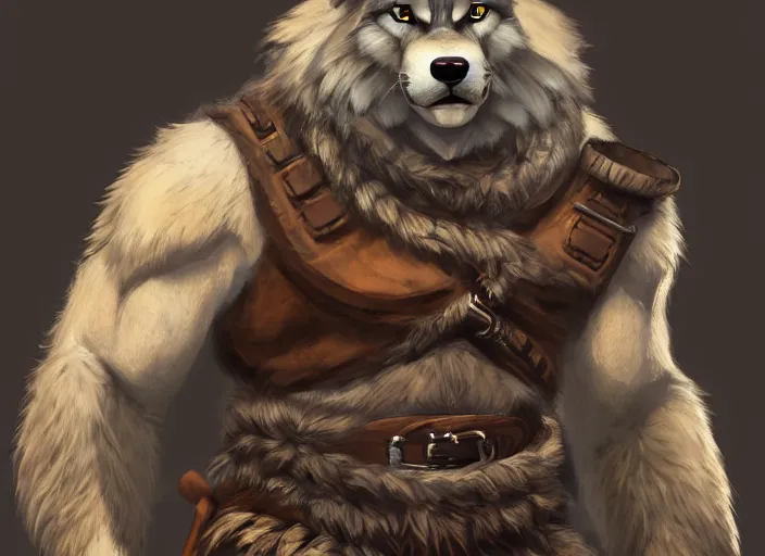 Image similar to burly tough character feature portrait of the anthro male anthropomorphic wolf fursona animal person wearing tribal primitive caveman outfit belt standing in the entrance to the cave, center framed character design stylized by charlie bowater, ross tran, artgerm, makoto shinkai, detailed, soft lighting, rendered in octane