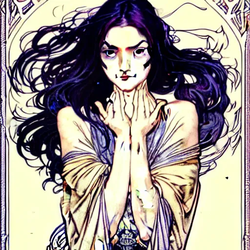 Image similar to in the style of artgerm, arthur rackham, alphonse mucha, phoebe tonkin, symmetrical eyes, symmetrical face, flowing blue skirt, hair blowing, full body, intricate filagree, hidden hands, warm colors, cool offset colors