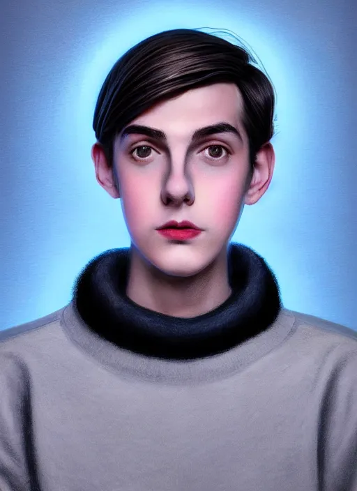 Image similar to portrait of teenage jughead jones wearing a light grey crown, crown, blue turtleneck, 1 9 5 0 s, closed eyes, photorealistic, black hair, glowing lighting, intricate, elegant, glowing lights, highly detailed, digital painting, artstation, concept art, smooth, sharp focus, illustration, art by wlop, mars ravelo and greg rutkowski