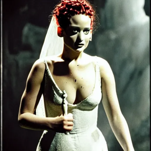 Prompt: jennifer lawrence as the bride of frankenstein, color photography, sharp detail, clever smile, still from the movie van helsing