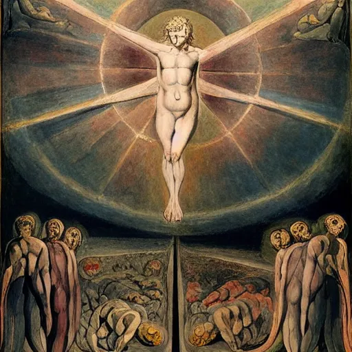 Image similar to the day of judgement in the style of william blake, oil on canvas