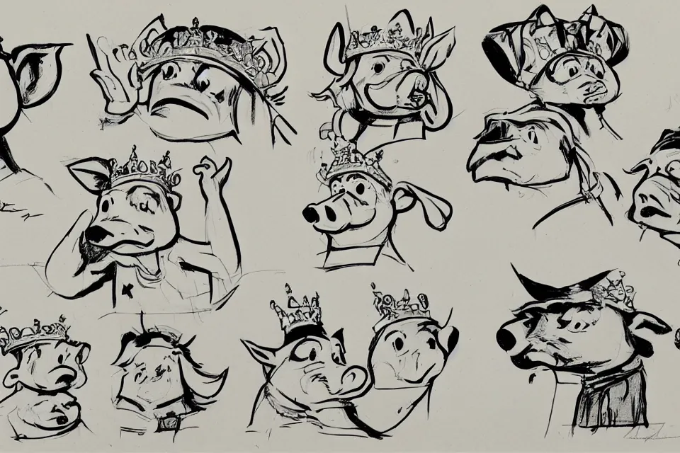 Image similar to concept sketches of a pig wearing a gold crown by jamie hewlett, in the style of 1930s cartoons