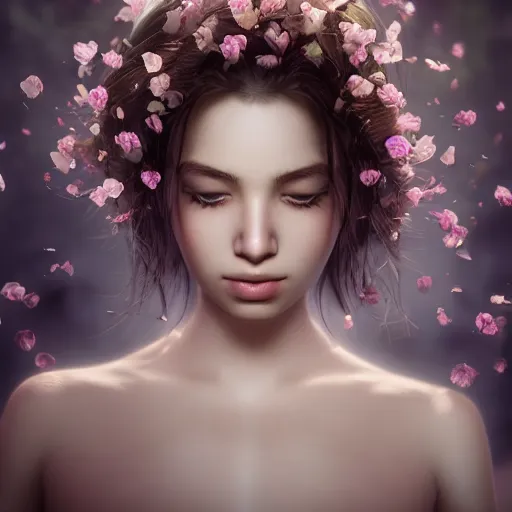 Image similar to epic portrait of a girl floating in water with only her face and some hair visible, surrounded by loose petals, beautiful, unreal engine, high detail