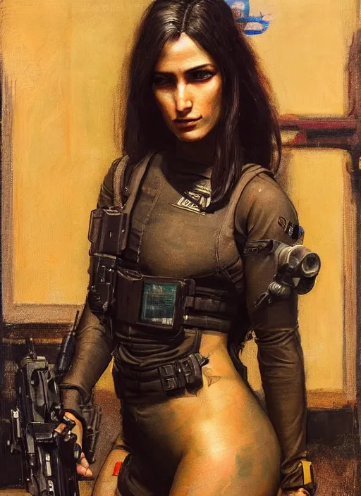 Image similar to Nikki. dangerous beautiful cyberpunk female USN marine wearing a military vest and military jumpsuit (cyberpunk 2077, bladerunner 2049). gorgeous face. Iranian orientalist portrait by john william waterhouse and Edwin Longsden Long and Theodore Ralli and Nasreddine Dinet, oil on canvas. Cinematic, hyper realism, realistic proportions, dramatic lighting, high detail 4k