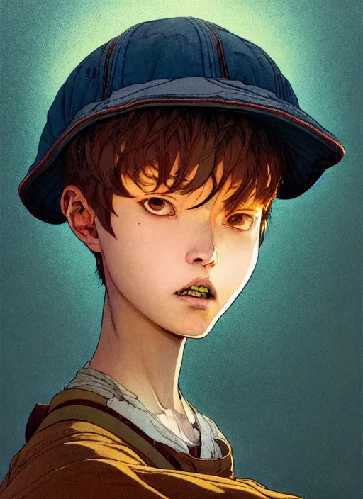 Image similar to prompt : portrait soft light painted by james jean and katsuhiro otomo and erik jones, inspired by akira anime, epic fantasy, a young dark skinned girl with short hair dressed as a boy in plain peasant clothing and a newsboy cap, intricate oil painting, high detail illustration, sharp high detail