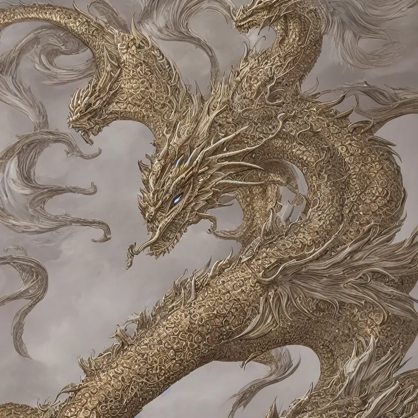 Prompt: amazing exquisite matte painting, close - up portrait of a chinese white dragon, sacred, shimmer, exquisite detail, huge details, gold detailed line work, by xision and yukii morita,, james jean, trending on artstation