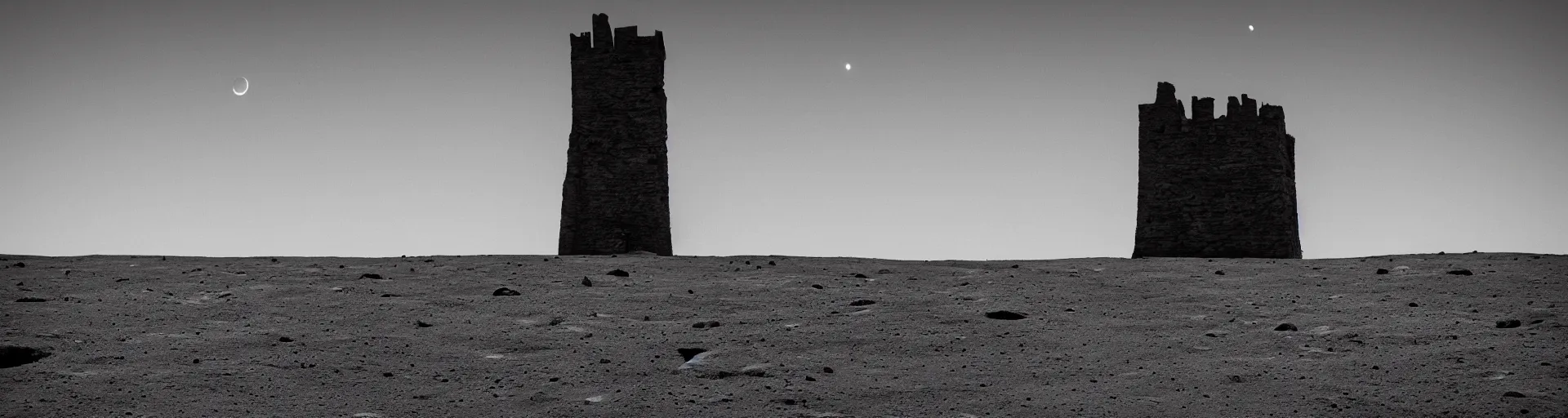 Prompt: landscape photography of the lunar surface and the blackness of space on the horizon, there is one terrifying medieval tower on the left