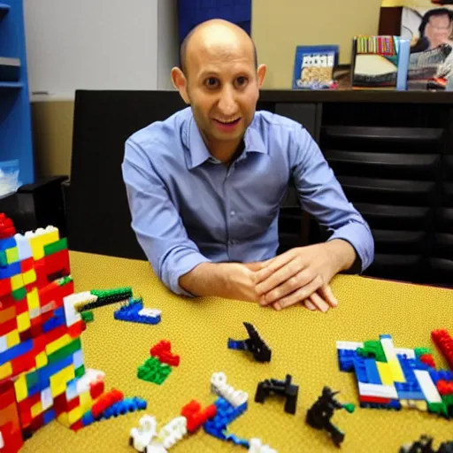 Image similar to A photo of Naftali Bennett playing with legos in his office, high quality