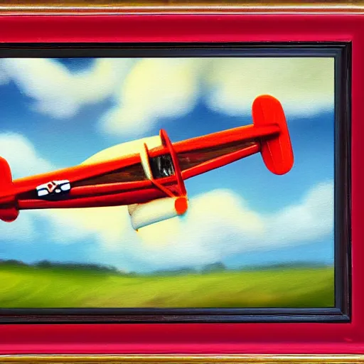 Image similar to 3 toy fox terriers flying a biplane, wearing red scarves flapping in wind, dramatic oil painting, aperture gradient