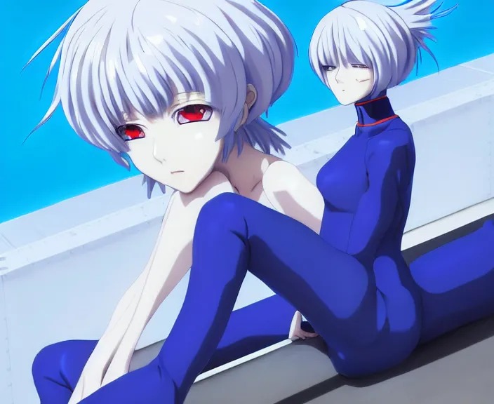 Image similar to anime art, fullbody shot of female rei ayanami, evangelion, long blue hair and large eyes, finely detailed perfect face, in a pale skintight plugsuit, sitting on rooftop, flooded city, trending on pixiv fanbox, by ilya kuvshinov, sola digital arts,, raytracing