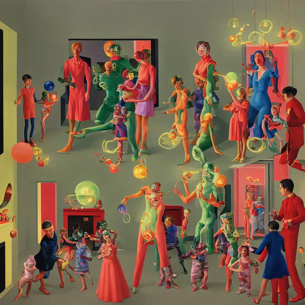 Image similar to painting of a gucci costumed family being shown how to open magic portals by a large glowing alien in their suburban living room maze, designed by gucci and wes anderson, energetic glowing orbs in the air, in the style of edward hopper, james jean, and mc. escher