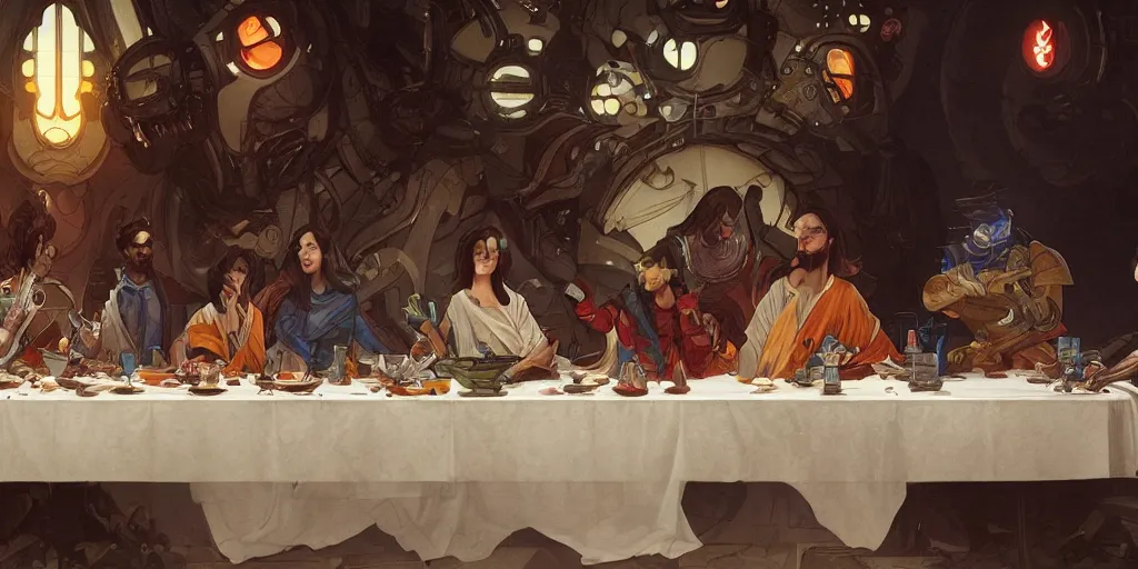 Prompt: the last supper of robots. highly detailed, digital painting, artstation, concept art, smooth, sharp focus, illustration, art by artgerm and greg rutkowski and alphonse mucha and loish and wlop